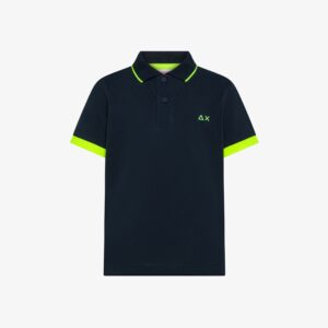 Polo blu in piquet di cotone con bordi fluo a contrasto (2 anni - 16 anni) 95% cotone 5% elastan