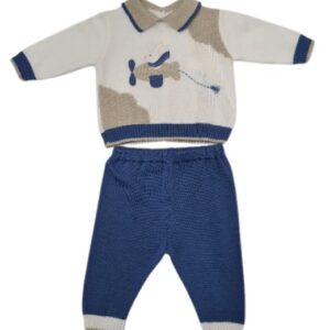 Completo 2 pezzi beige/bianco/blu con aereo in filo