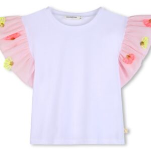 T-shirt bianca maniche in tulle (2 anni - 10 anni) 100% cotone