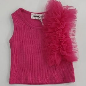 Top fucsia in maglia a costine con drappeggio in tulle (3 anni - 6 anni)95% cotone 5% elestan