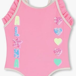 Costume intero rosa con scritte paillettes (2 anni - 10 anni) 80% poliammide 20% elastan