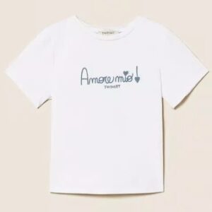 T-shirt bianca con scritta ricamata (8 anni - 16 anni) 95% cotone 5% elastan