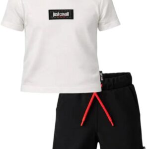 Set t-shirt e bermuda in cotone bianco e nero con stampa logo sul retro (12 mesi - 6 anni)50% cotone 50% modal