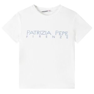 T-shirt bianca con logo strass azzurra (8 anni - 16 anni) 91% poliestere, 9% elastan