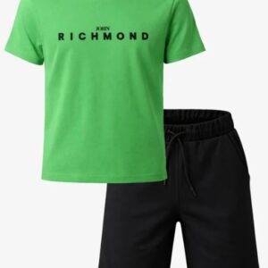 Set t-shirt/bermuda verde/nero con scritta gommata (2 anni - 16 anni) 100% cotone