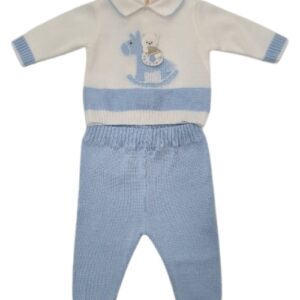 Completo 2 pezzi bianco/azzurro con cavallo a dondolo in filo