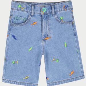 Bermuda in denim, squali all-over tutti ricamati, 4 tasche, vita regolabile con chiusura a zip (2 anni - 8 anni) 100% cotone