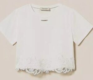 T-shirt bianca crop con pizzo (8 anni - 16 anni) 95% cotone 5% elastan