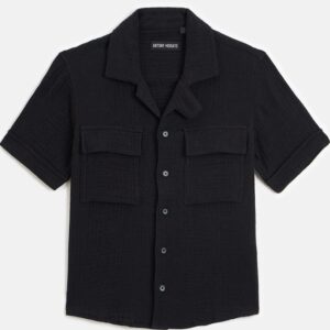 CAMICIA MANICHE CORTE NERA REGULAR FIT IN COTONE SOFT TOUCH EFFETTO CRINCKLE