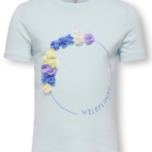 T-shirt azzurra con fiori in rilievo 100% cotone