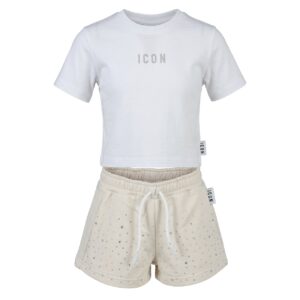 Completo t-shirt bianca e short panna con strass (2 anni - 6 anni)
