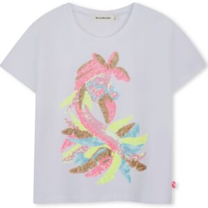 T-shirt bianca con disegno paillette (2 anni - 10 anni) 100% cotone