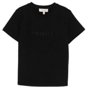 T-shirt nera regular con scritta ricamata (8 anni - 16 anni) 95% cotone 5% elastan