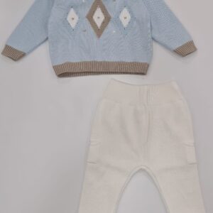 Completino 2 pezzi bianco e azzurro in filo (1 mese - 3 mesi)