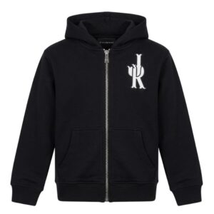 Felpa nera zip/cappuccio logo frontale e posteriore (2 anni - 16 anni) 86% cotone 14% poliestere