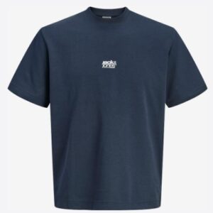T-Shirt blu con logo piccolo frontale e stampa posteriore 100% cotone