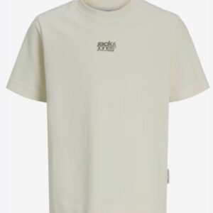 T-Shirt panna con logo piccolo frontale e stampa posteriore 100% cotone