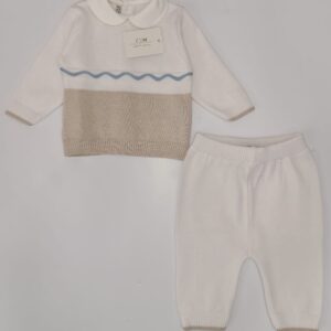 Completo 2 pezzi bianco/beige in filo (1 mese - 3 mesi)