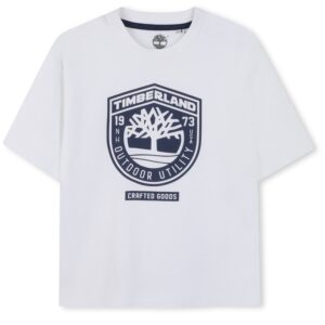T-shirt bianca per bambino con logo blu (4 anni - 16 anni)100% cotone