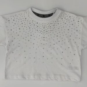 T-shirt cropped bianca con strass (6 anni - 16 anni)100% cotone