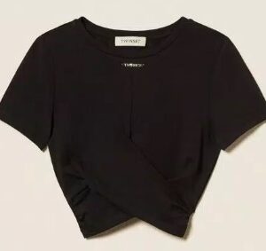 T-shirt nera con intreccio frontale (8 anni - 16 anni) 95% cotone 5% elastan