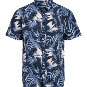 Camicia blu con stampe foglie m/c 100% cotone
