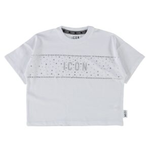 T-shirt bianca con logo e strass (6 anni - 16 anni) 100% cotone