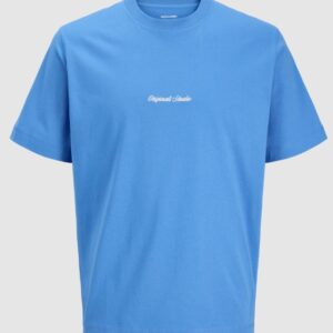 T-Shirt azzurra in jersey con scritta piccola 100% cotone