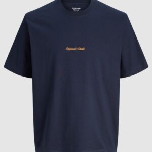 T-Shirt blu in jersey con scritta piccola 100% cotone